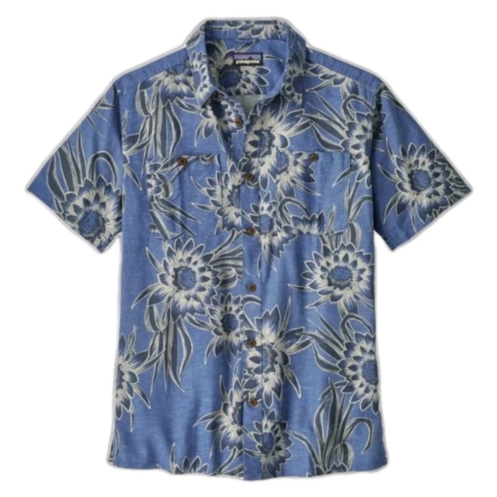 Patagonia Hawaiian Shirt Sz XL Blue Hemp Organic Cotton Button Breathable Resort